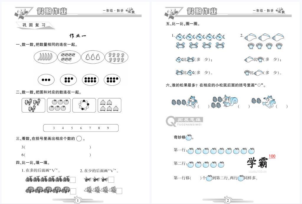 一年假下册寒假数学作业/一年级/数学/学霸100