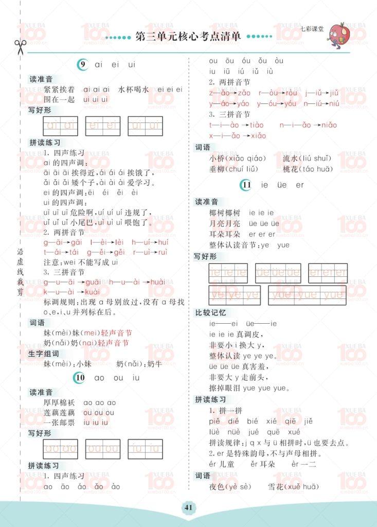 部编小学语文一年级上册单元核心考点清单/一年级/语文/学霸100