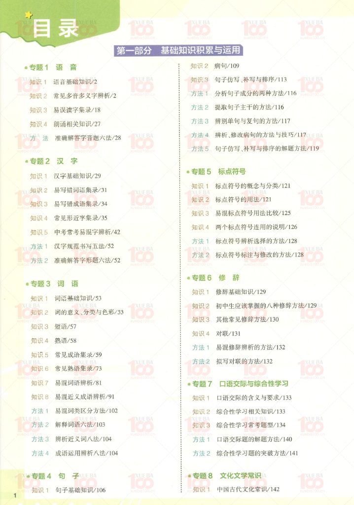 初中语文知识清单PDF（共388页）964M/九年级/语文/学霸100